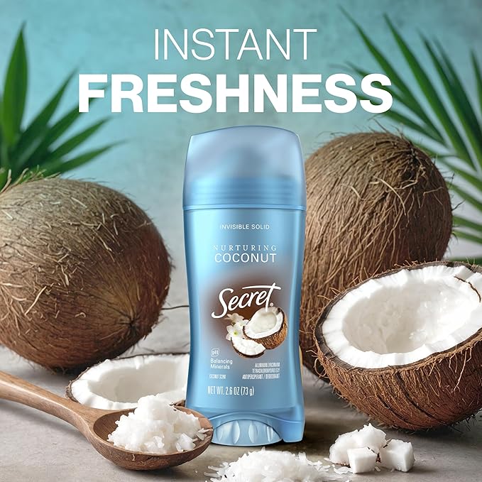 Secret Fresh Antiperspirant Deodorant for Women, 72hr Breathable Sweat & Odor Protection, Instant Freshness & Gentle, PH Balancing Mineral, Invisible Solid, Nurturing Coconut Scent, 2.6 oz (Pack of 3)
