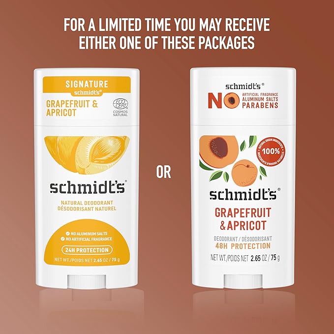 Schmidt's Aluminum-Free Vegan Deodorant Grapefruit & Apricot with 24-Hour Odor Protection, 2 Count for Women and Men, Natural Ingredients, Cruelty-Free 2.65 oz