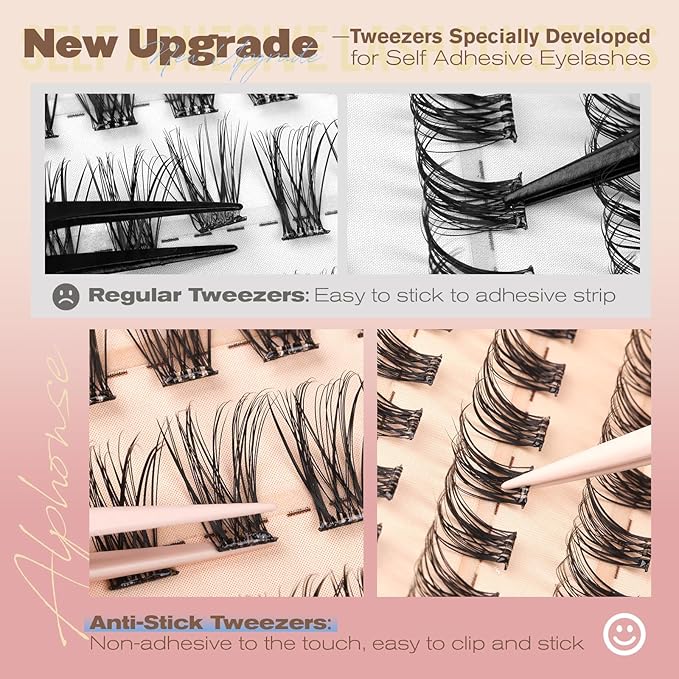 Self Adhesive Eyelashes Natural Lash Clusters No Glue Needed Eyelash Clusters 10-16mm Self Adhesive Cluster Eyelash Extensions 120pcs Press on Individual Lashes with Anti-Stick Tweezer by ALPHONE
