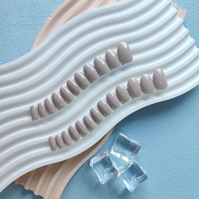 Beige Short Almond Fake Nails Press ons, Thick Solid Color Glue on Nails Short False Nails, Medium Almond Oval Round Shaped Nails for Women, 24Pcs Natural Acrylic Gel Nails