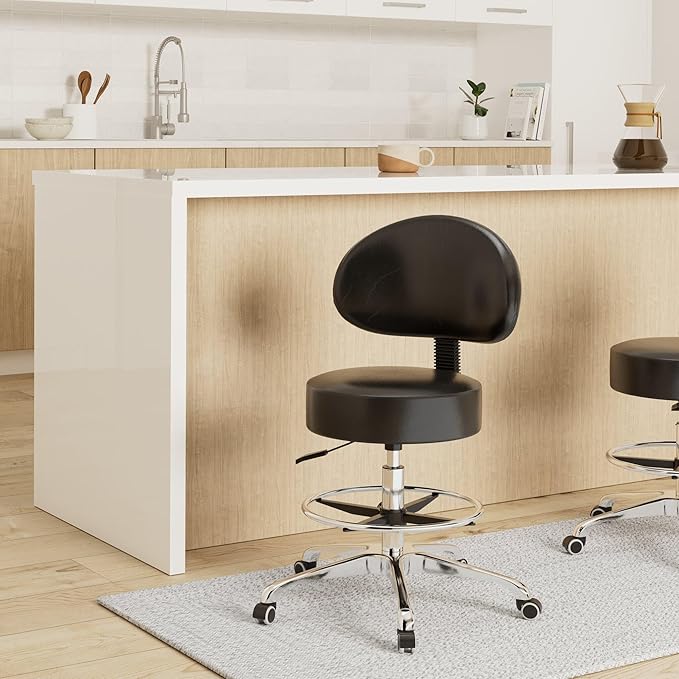 Grace&Grace Height Adjustable Swivel Rolling Stool with Back Extra Thick Seat for Ultimate Comfort for Salon, Studio, Shop, Kitchen (Black,with Foot Rest)