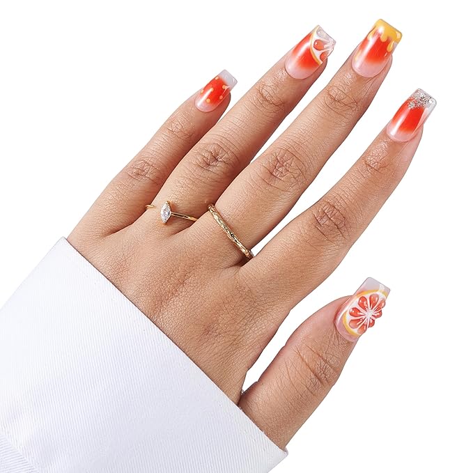 Medium-Citrus Splash French Tip Press-On 10 Nails Manicure Kit for Women | Custom Handcrafted Nail Glue, Dual Nail File, Cuticle Stick & Buffer Block | Measure Before Ordering