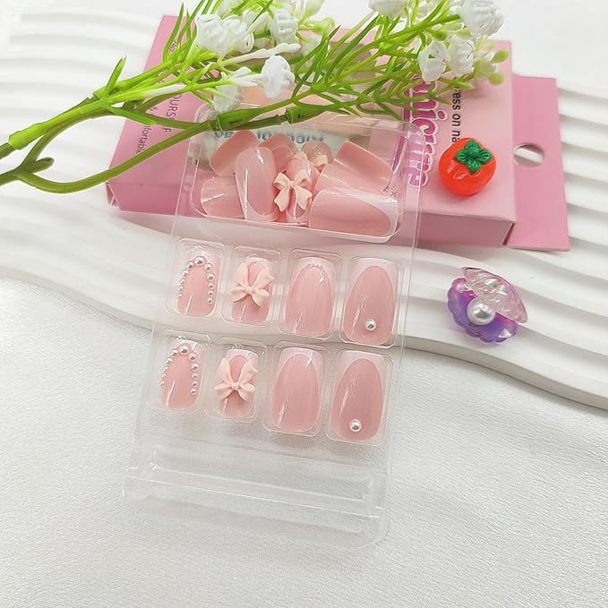 White French Press on Nails Medium Square Fake Nails Pink Nails Press ons Cute Acrylic Nails Spring False Nails with Pearl Bow Charm Designs Artificial Stick on Nails for Women 24Pcs