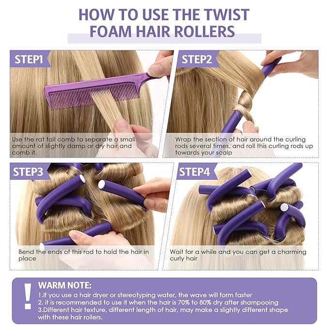 Syhood 30 Pieces Flexible Curling Rods Twist Hair Rollers Soft Foam Rods No Heat and 1 Pcs Steel Rat Tail Comb for Women Long and Short Hair(7 x 0.8 Inch,Purple)