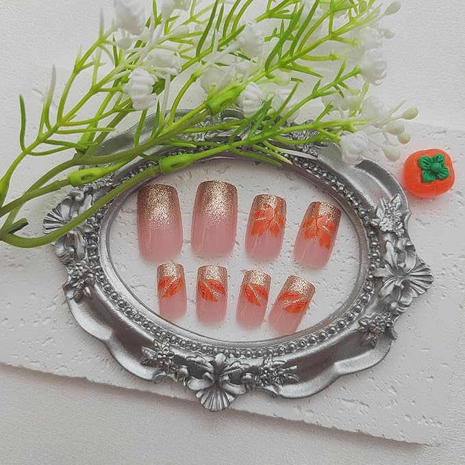 Thanksgiving Press On Nails - Medium, Glossy, Glue On, Square, Acrylic, Glitter, False Nails with Maple Leaf Designs - Pink, 24 Pcs
