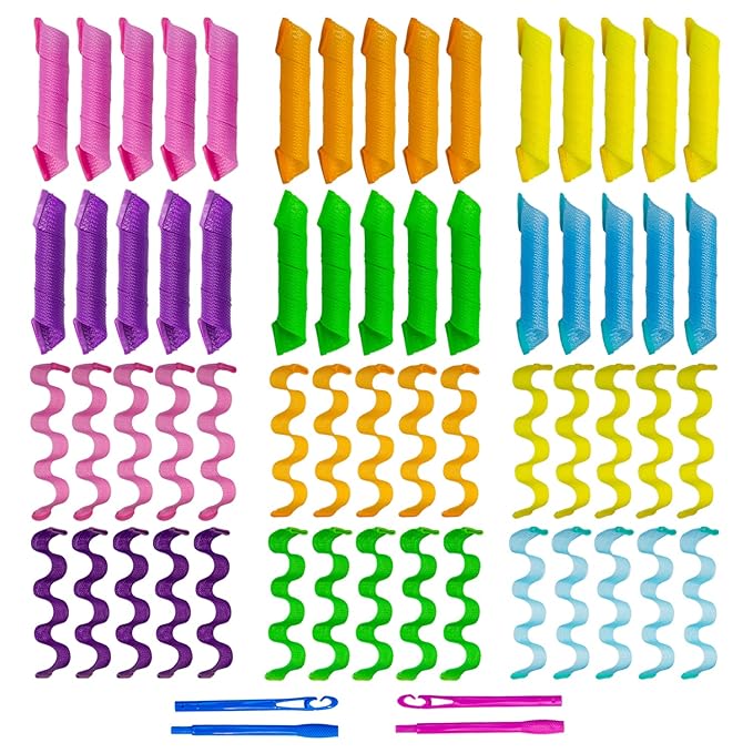 60pcs Heatless Hair Curlers Spiral and Wave Styling Kit 2 Styles No Heat Curlers with 2 Pieces Hooks for Women Girl's Short Medium and Long Hair((12 Inch/30 cm)