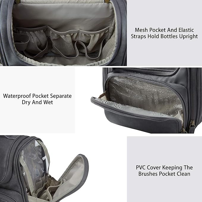 BAGSMART Hanging Toiletry Bag, Water-resistant Leather Dopp Kit, Large Travel Organizer for Full Sized Container, Grey