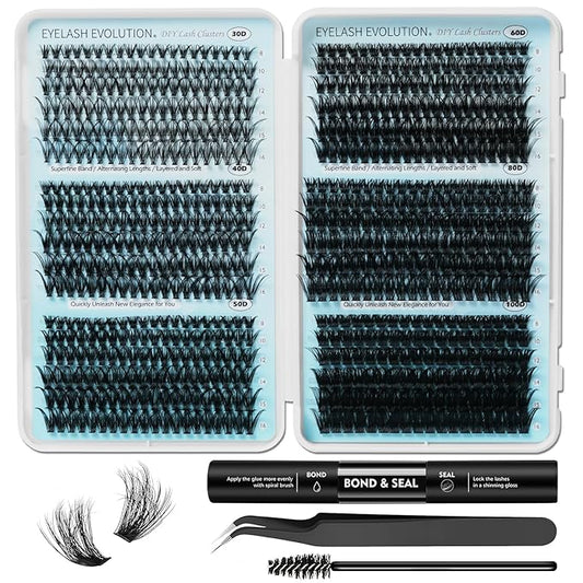 DIY 30-100P Lash Extension Kit Bond and Seal Tweezers Individual Volume Lash Clusters C Curl clut Individual Lashes Lash Clusters Kit Thick Eyelash Extension Kit 708pcs Thin Band