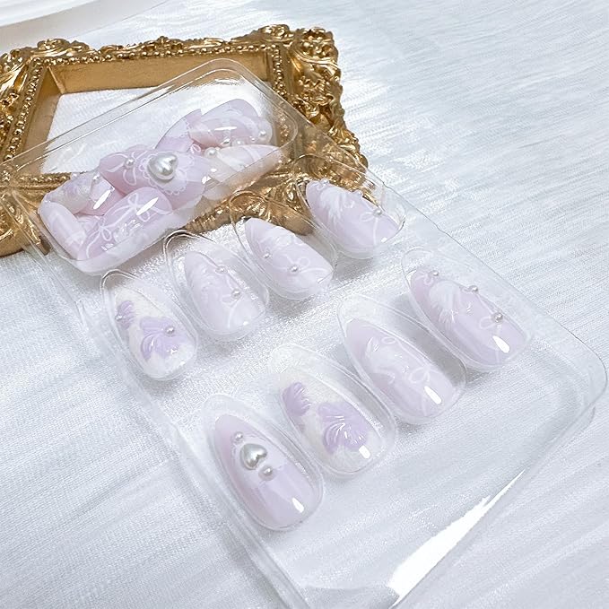 24pcs Flower Press on Nails Medium Almond Fake Nails with 3D White Swan Pearl Designs Cute False Nails Bow Heart Glue on Nails Full Cover Acrylic Nails Stick on Nails for Women Nail Decoration