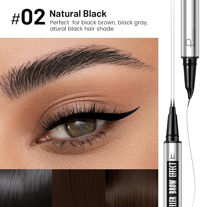 Pudaier 2 Pack 2 Fine Tip Eyebrow Pen, Waterproof Filling Faux Brow Makeup Pencils for Women with Precise Curved Brush-Tip to Fast Create Natural Hair-Like Brows, Last All-Day (Natural Black)