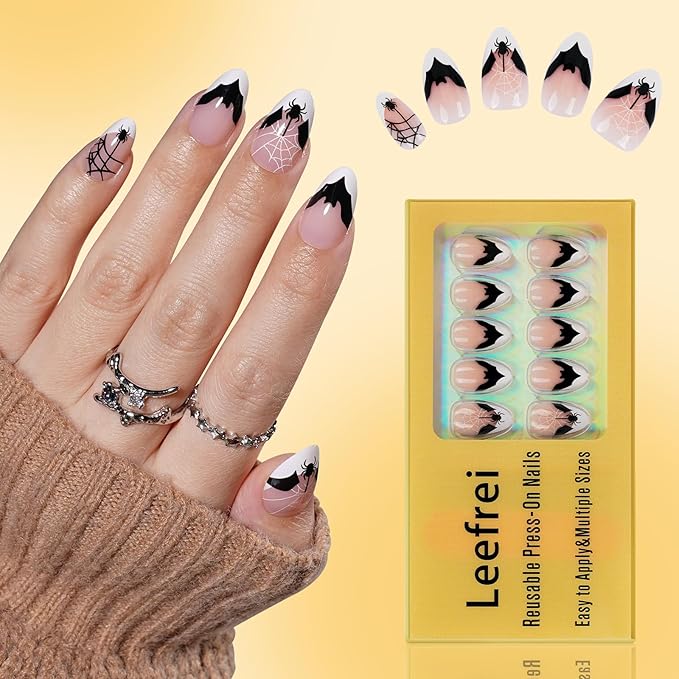 Halloween Press on Nails - French Tip Press on Nail with Blakc Web Bat, Short Almond Fake Nails Reusable Nails Press ons, 32 Pieces in 16 Sizes False Nails Kit with Glue, Grave Whisper
