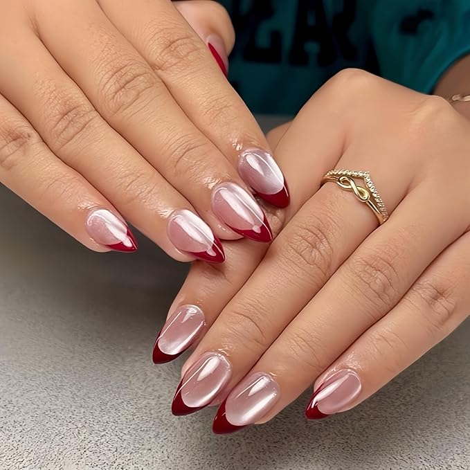 KQueenest Cat Eye Press On Nails Almond, Glitter Red French Tip Press On Nails Medium, Natural Nude Fake Nails With Glue, Soft Gel Glue on Nails with Design, Reusable Stick on Nail for Women, 24 Pcs