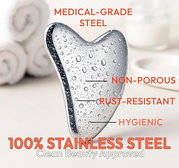 Stainless Steel Gua Sha Facial Tool for Face Sculpting, Lymphatic Drainage, Acne-Prone & Mature Skin, Puffiness, Anti-Aging & Deep Face Massage (Silver)