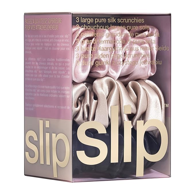 slip Large Scrunchie Multi | Set of 3 Pure Silk Large Scrunchies | Includes 1 Pink, 1 Caramel, 1 Black | 100% Mulberry Silk, Anti-Crease, Gentle on Hair, Reduces Breakage | Stylish & Durable