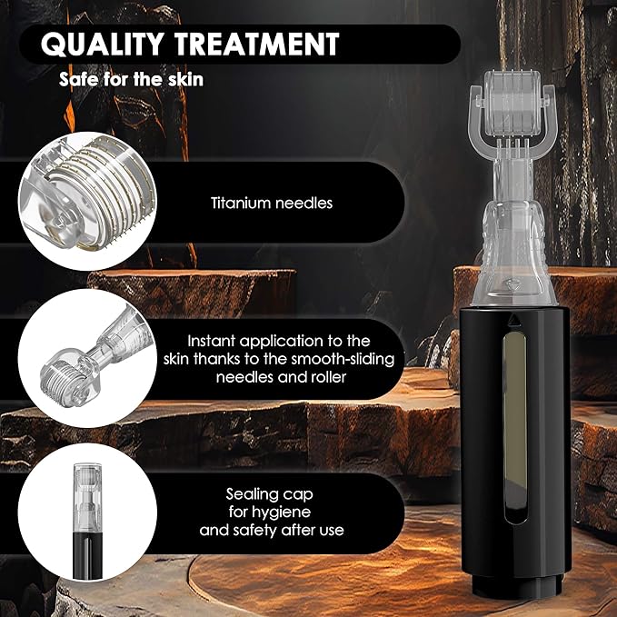 Derma roller with Reservoir for Hair, Beard, Skin, Lips, Wrinkles, Stretch Marks, Hyperpigmentation INSTANT SERUM APPLICATION, 105 Titanium Needles 0.25 mm