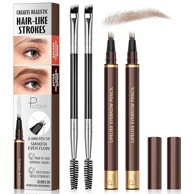 2 Pack 4-Tip Microblading Eyebrow Pen with 2 Brow Brushes, Waterproof Vegan Formula Eyebrow Pencils for Women to Effortlessly Create Natural Hair-Like Strokes, All-Day Wear (Light Brown)