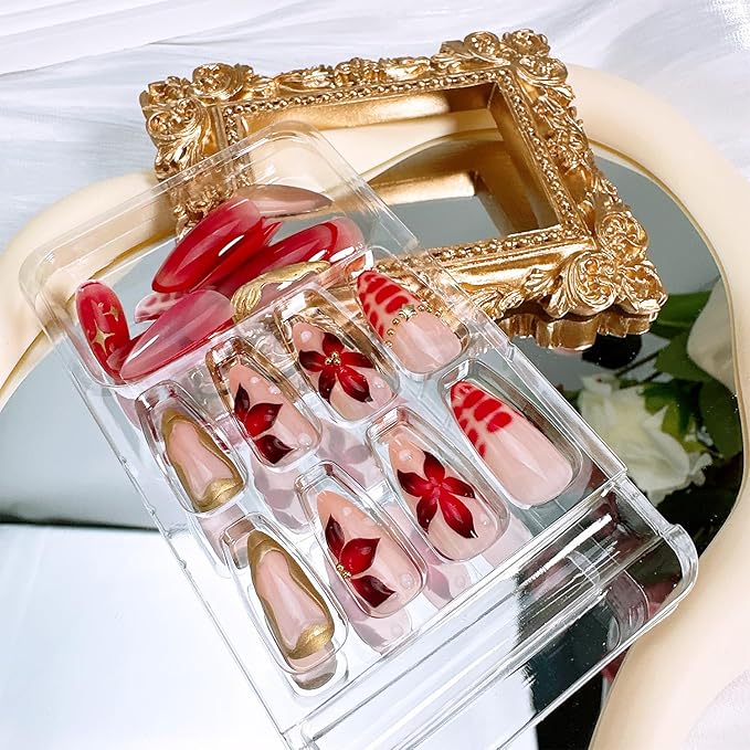 24 Pcs Red Flower Press on Nails Medium Almond Fake Nails with 3D Floral Gold Beads Designs French False Nails Red Acrylic Nail Tips Summer Flowers Full Cover Glue on Nails for Women Nail Decoration