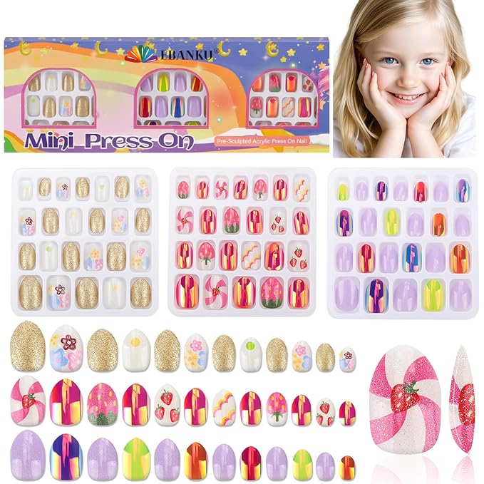 72 Pieces Press on Nails Girls, EBANKU Children Fake Artificial False Nail Tips Pre Glue Full Cover Gold Strawberry Press on Nails for Kids 7-12 Years