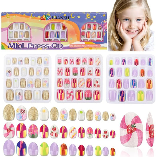 72 Pieces Press on Nails Girls, EBANKU Children Fake Artificial False Nail Tips Pre Glue Full Cover Gold Strawberry Press on Nails for Kids 7-12 Years