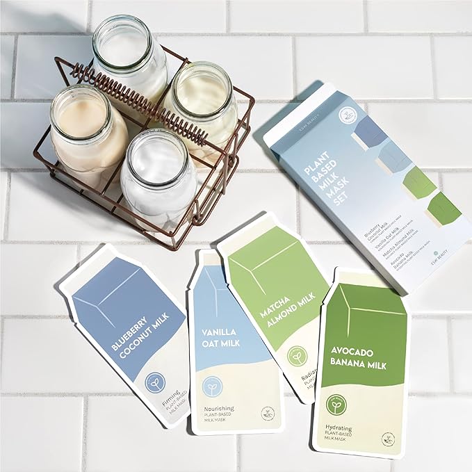ESW Beauty Plant-Based Milk Face Masks - 8-Pack Skincare Set - Hydrating, Radiance, Firming & Soothing with Avocado, Matcha, Blueberry, Vanilla & Oat Extracts for All Skin Types