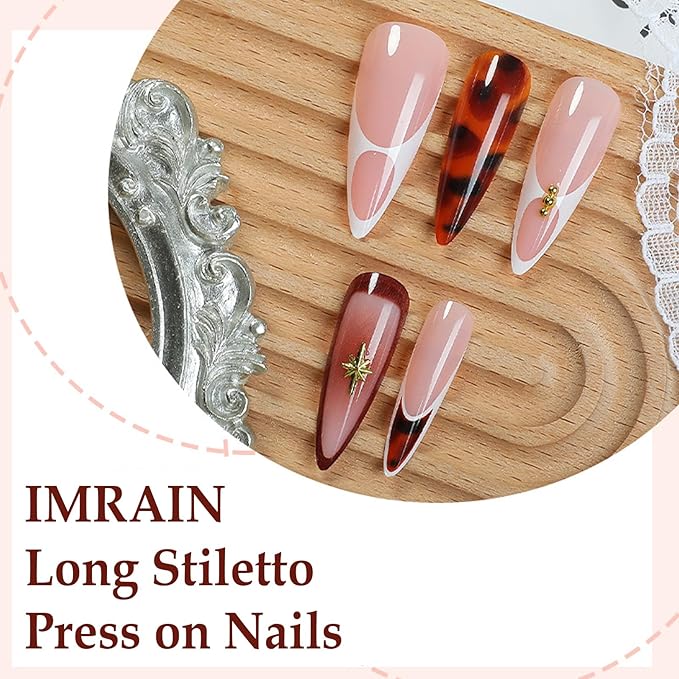 IMRAIN Press on Nails Long Stiletto Fake Nails Brown Amber French Nail Tips Full Cover Glossy Acrylic Fall False Nails for Women 24Pcs