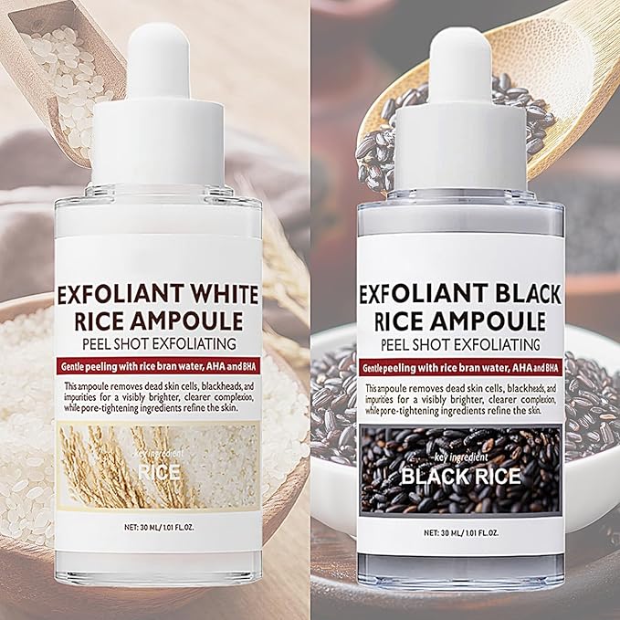 2PCS Peel Shot Glow Rice Ampoule Duo, Rice Exfoliating Ampoule Set, Black and White Rice Exfoliant, Rice Ampoule Duo Exfoliating Solution, Gentle Peel + Pore Minimizing & Deep Hydration for All Types