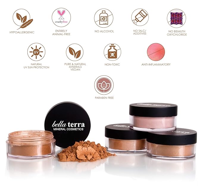 BellaTerra Cosmetics Mineral Bronzer – Travel Compact Vegan Tanning Contour Powder for Face & Body – Soft Synthetic Bristles for Smooth Foundation, Powder (Sunset Kiss)