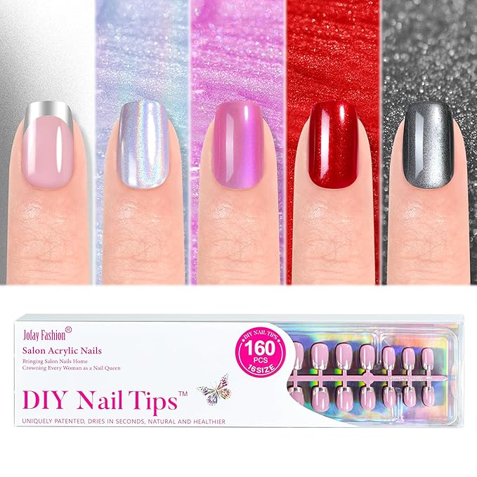 Press on Nails Short 5 Styles, Jofay Fashion 160Pcs Salon-Like Fake Nails with Chrome/Rainbow Laser/Chasing Light Cat Eye Designs, Acrylic French Tip Press on Nails Glue on Nails
