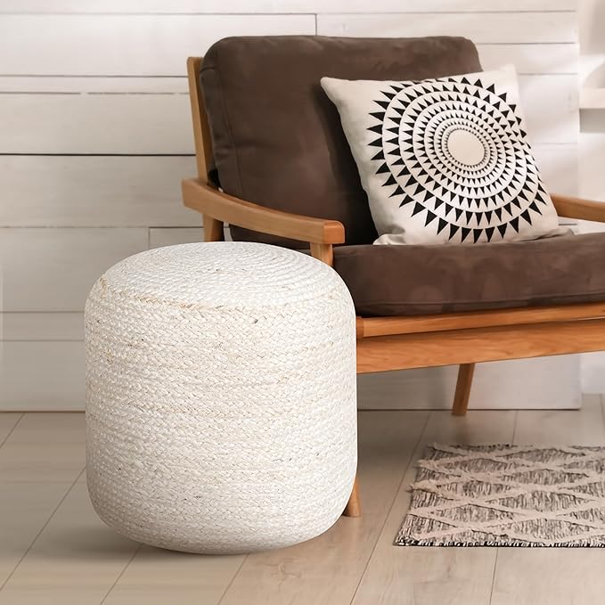 Palisa Jute Pouf Ottoman - Ivory, Boho Foot Rest Stool with Filler for Sofa, Kids Bedroom, Living Room, Outdoor Seat | Hand Woven Comfy Décor Chair Pouffs - 16x16x18 Inches