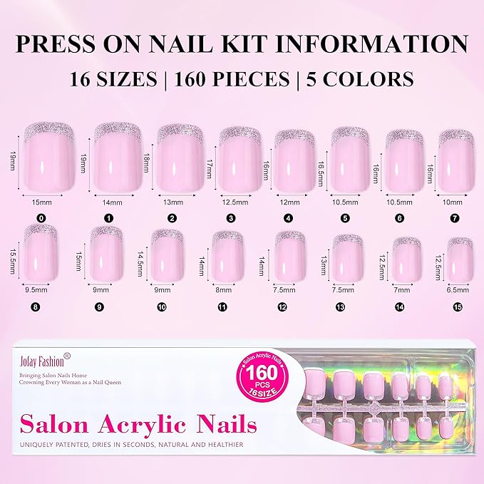 Press on Nails Short 5 Styles, Jofay Fashion 160Pcs Cat Eye Glitter French Tip Press on Nails for Women, Reusable Opaque Gel Fake Nails, Square Glue On Nails in 16 Sizes