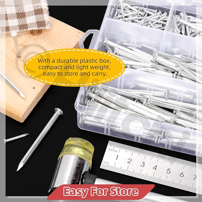 Hilitchi 301PCS 5 Sizes Brick Steel Nails Assortment Kit 0.78" 1.2" 1.58" 2" 2.36" Galvanized Concrete Wall Nail Cement Nails for Concrete Brick Drywall(White)