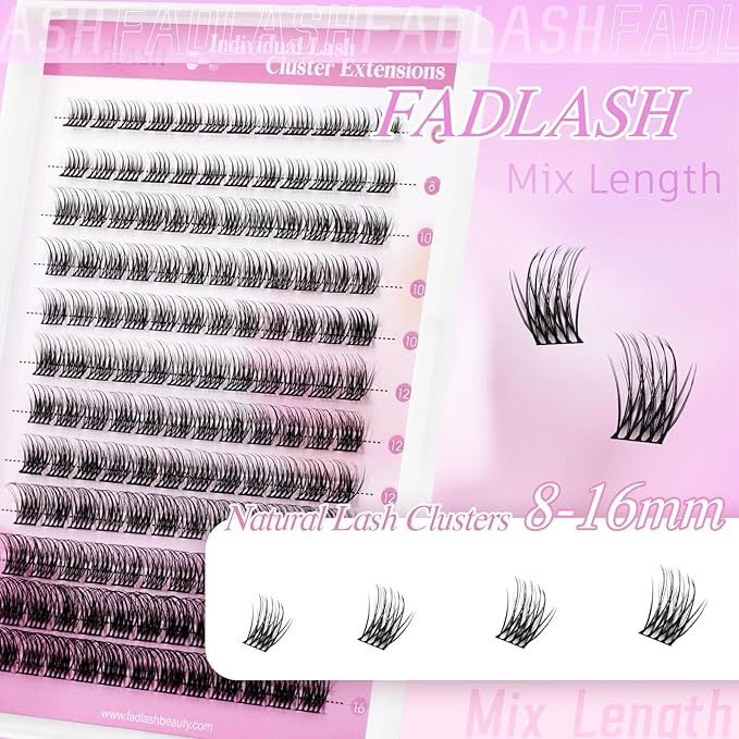 FADLASH Lash Clusters Natural Eyelash Clusters DIY D Curl 8-16mm Cluster Eyelash Extensions with Soft Thin Band Reusable Individual Lashes for Self Use (R021, 8-16mm)