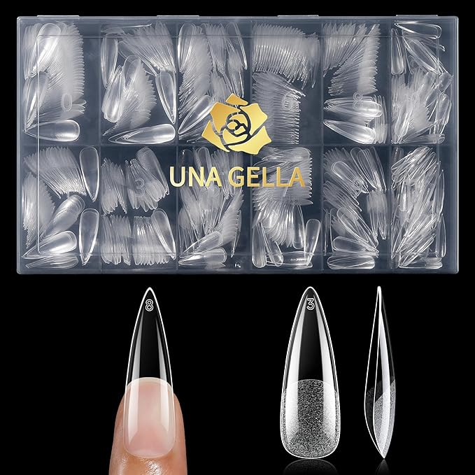 UNA GELLA Long Stiletto Gel Nail Tips, 600Pcs Pre Etched Long Stiletto Almond Nail Tips Clear Fake Nails Press on Nails No C Curve for DIY Christmas Art Salon at Home 12 Sizes