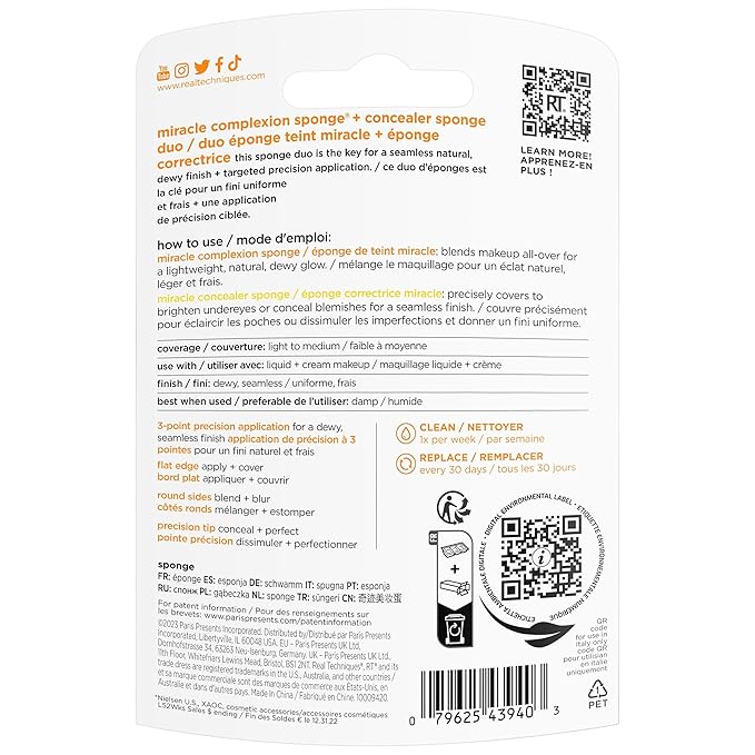 Real Techniques Miracle Complexion Sponge + Concealer Sponge Duo, Makeup Blending Sponges For Foundation & Concealer, Offers Light To Medium Coverage, Natural, Dewy Makeup, Latex-Free Foam 2 Count