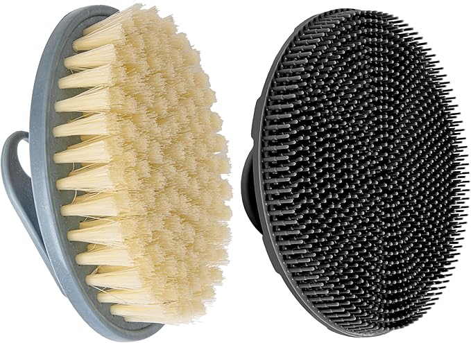 INNERNEED Food-Grade Soft Silicone Body Scrubber Shower Brush Handheld Cleansing Skin Brush, with PP Shower Brush for Exfoliating, Cellulite Treatment