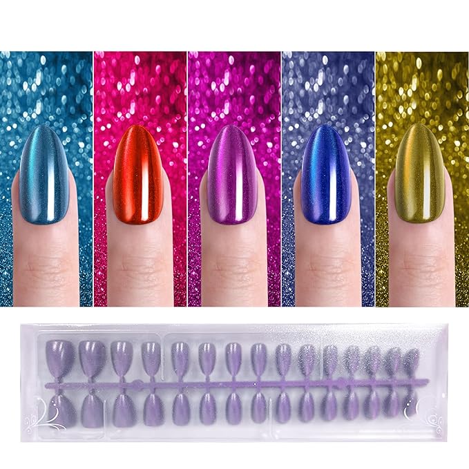 Cat Eye Press on Nails, Jsiallye 300pcs Colored Short Almond Press on Nails for Women, Soft Gel Fake Nails, Glossy Glitter Cat Eye Nail Tips Stick On Nails in 15 Sizes
