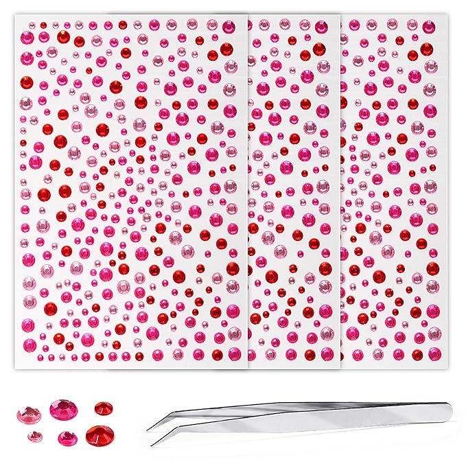 975Pcs Face Gems Hair Gems, Self-Adhesive Face Jewels Eye Jewels Rhinestones 3/4/5/6 mm DIY Face Gems Stick on, Hair Body Rhinestones Gems Crystals Pearls for Face Makeup, Crafts (gem_red+Pink+Rose)