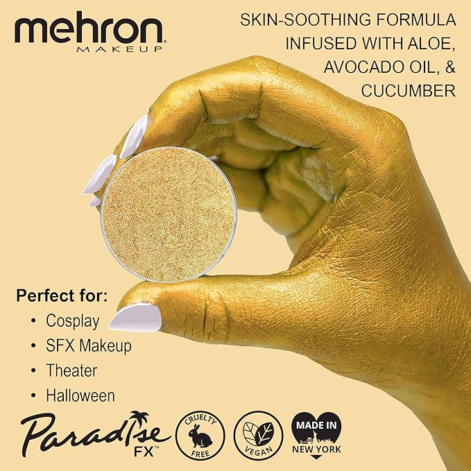 Mehron Paradise FX Metallics – Metallic Gold 0.25 oz | Pro Water-Activated Shimmer Paint for Raves, Costumes, SFX, Halloween, Stage, Screen, Theater & Cosplay