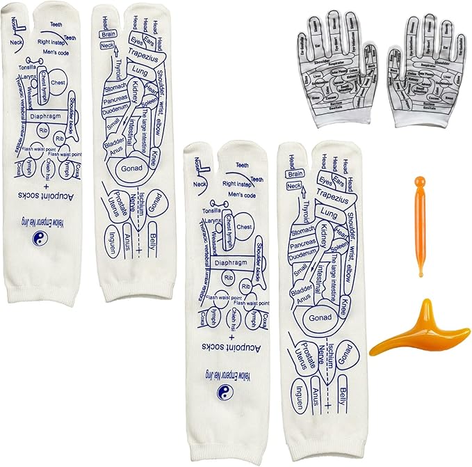 COLSA Reflexology Socks with Tools,Acupoint Socks Set,Beginner Acupoint Massage Tools Large Triangular Sparrow+acupoint Stick(2pcs Women+Gloves)