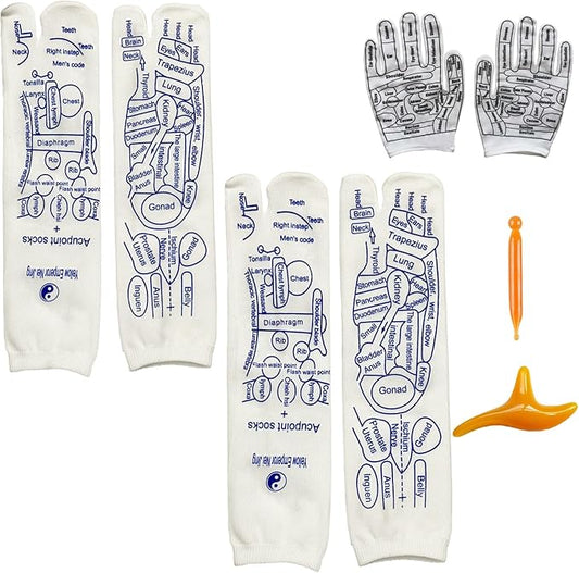 COLSA Reflexology Socks with Tools,Acupoint Socks Set,Beginner Acupoint Massage Tools Large Triangular Sparrow+acupoint Stick(2pcs Women+Gloves)