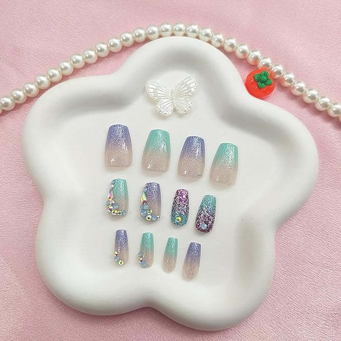 Coffin Press on Nails Short Fake Nails with Glitter Sequins Rhinestones Designs Gradient Nails Press ons Glossy Glue on Nails Blue Acrylic Nails Green False Nails Nude Stick on Nails for Women 24Pcs
