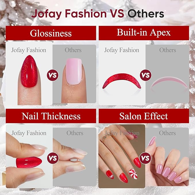 Christmas Press On Nails Almond - Jofay Fashion Red Cat Eye Press On Nails, Candy Elk Stick On Nails with Glue, Glossy Reusable Acrylic Artificia Nail Tips in 16 Sizes - 32 Soft Gel Fake Nails Kit