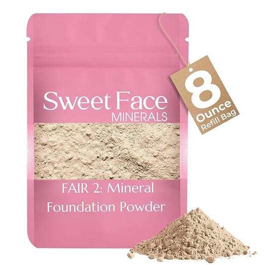 (8 Ounce) (Fair Shade 2) Foundation Powder Refill By Sweet Face Minerals, Lightweight Mineral Loose Makeup Powder with SPF 20, Full Coverage Flawless Finish, Talc-free, Cruelty-Free, Refill Pouch