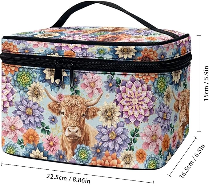 Boho Mandala Highland Cattle Pattern Travel Makeup Bags for Women Portable Tote Cosmetic Case with Carry Handle Toiletry Accessories Storage Organizer Bags