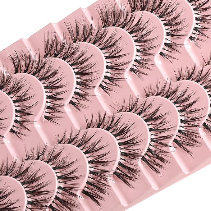 FARRED False Eyelashes Cat Eye Lashes Natural Fake Strip Eyelashes Invisible Band Mink Eyelash Strips Wispy Full Volume Pack 10 Pairs 8-14 mm Short Demi Wispies Pestañas Postizas