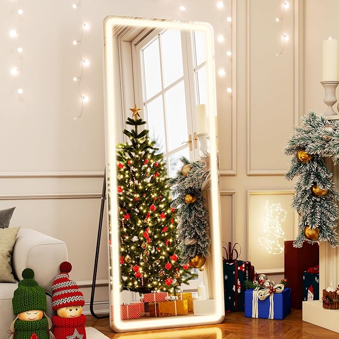 26x68 inch Full Length Mirror with Lights, LED Lighted Floor Standing, Hanging Mirror Full Length with Stand Free, Full Body Dressing Mirrors with Dimmable 3 Color LED