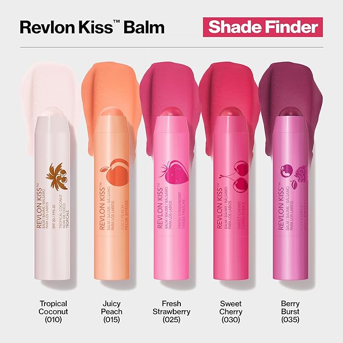 Revlon Lip Balm, Kiss Tinted Lip Balm, Face Makeup with Lasting Hydration, SPF 20, Infused with Natural Fruit Oils, 015 Juicy Peach, 0.09 Oz