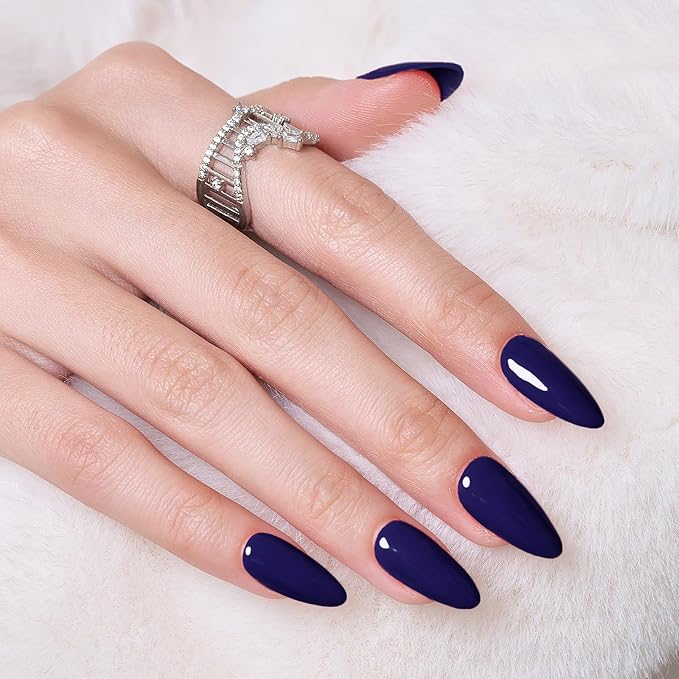 Purple Press on Nails Almond,Wooyas Medium Handmade Gel False Nails Eggplant Purple Color，Reusable Salon Perfect Fake Nails in 12 Sizes - 24Pcs Glue On Nails Kit for Women Gifts(INDIGO BLUE)