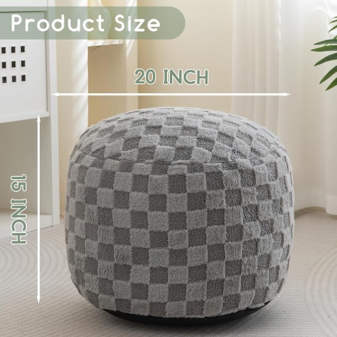 HIGOGOGO Round Stuffed Pouf Ottoman, Plaid Poufs with Foam Chunk Filling, Fluffy and Furry Pouf Foot Stool Storage Ottoman, 20 X 15 Floor Poufs Foot Rest for Living Room, Grey