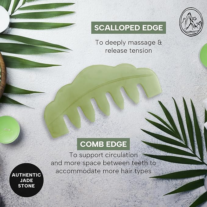 Mount Lai Hand-Carved Natural Jade Gua Sha Scalp Comb – Scalp Massager & Scraping Guasha Tool for Relaxation, Blood Circulation & Cooling
